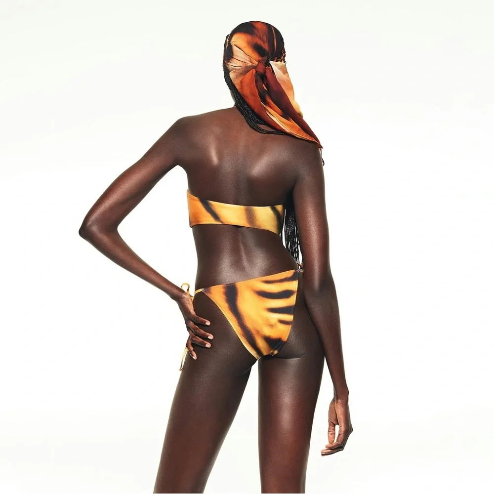 ROBERTO CAVALLI X SKIMS SWIM DIPPED TIE BIKINI BOTTOM IN TIGER FACE PRINT L